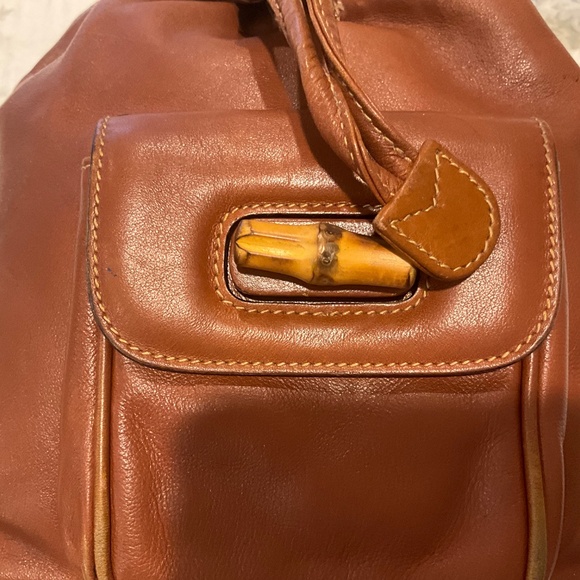 GUCCI Bamboo Handle Cognac Tan Leather Backpack